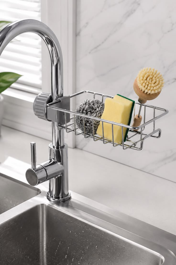 Kitchen Faucet Sponge Holder – Hanging Sink Organizer